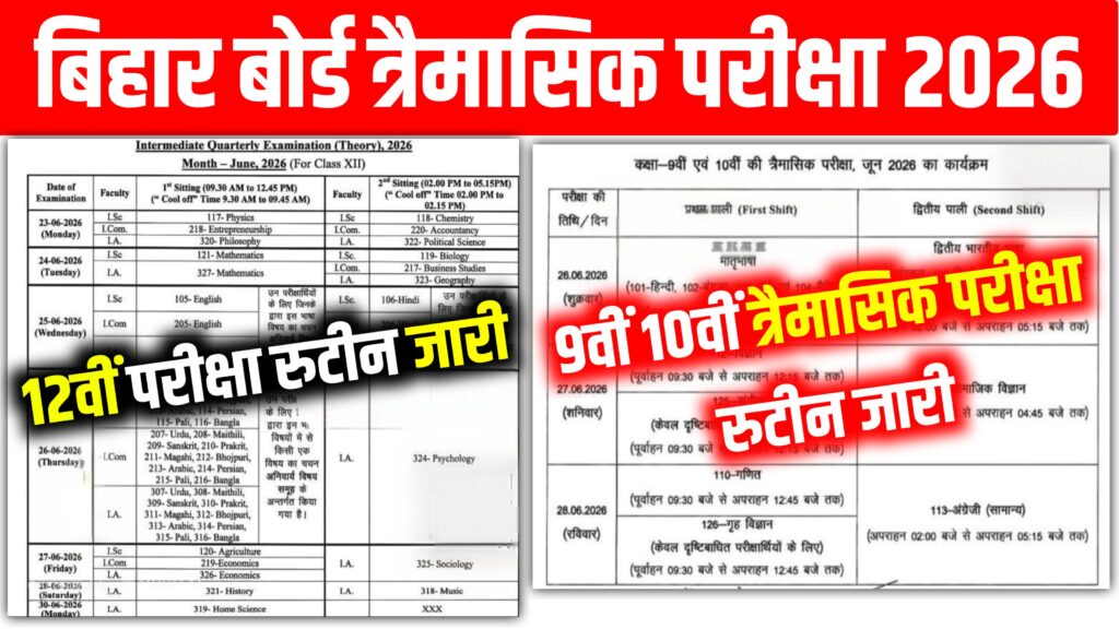 Bihar Board 9th 10th 12th June Quarterly Exam Routine Download 2026