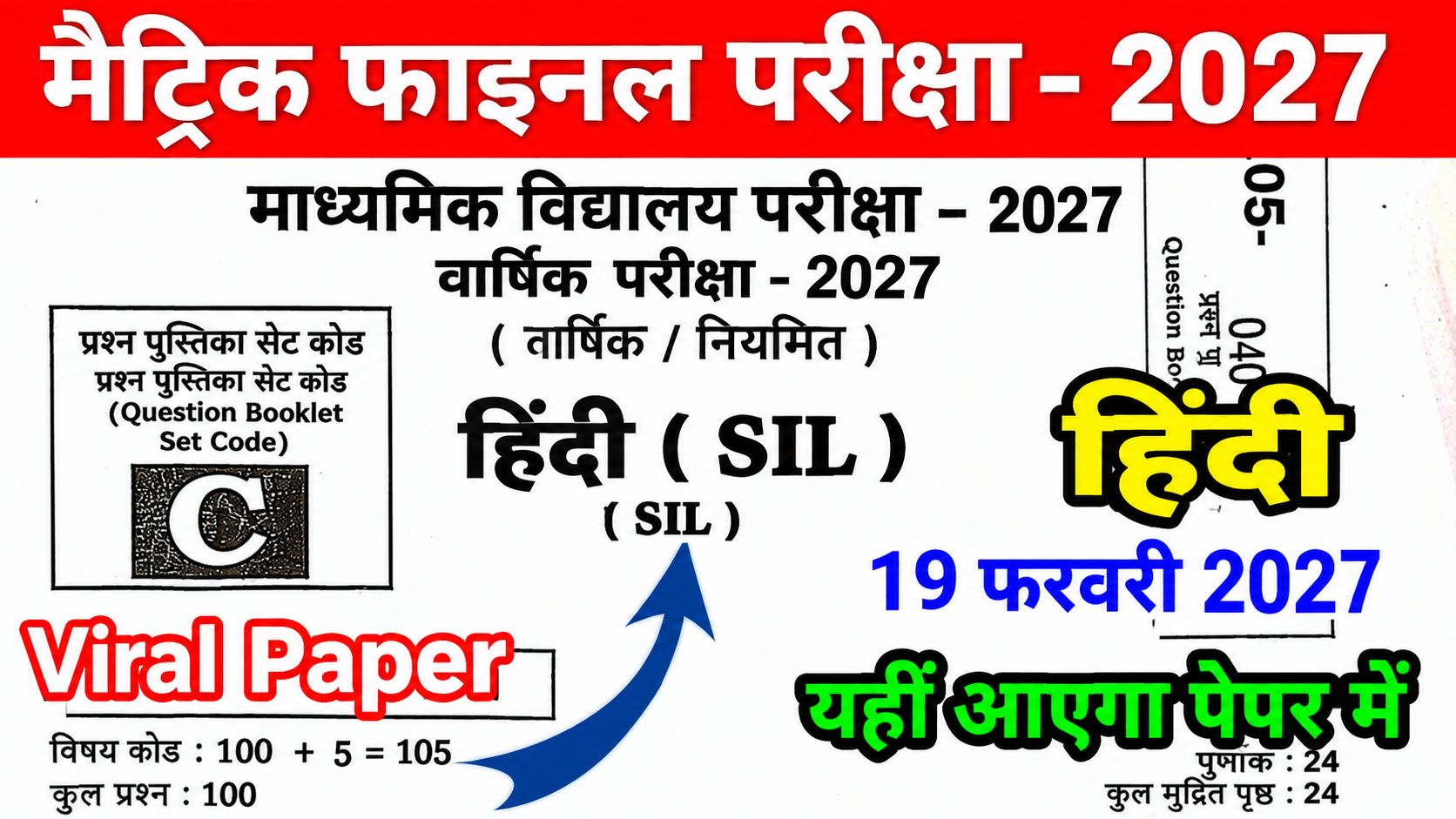 Bihar Board 10th Annual Exam Hindi Objective Question 2027:
