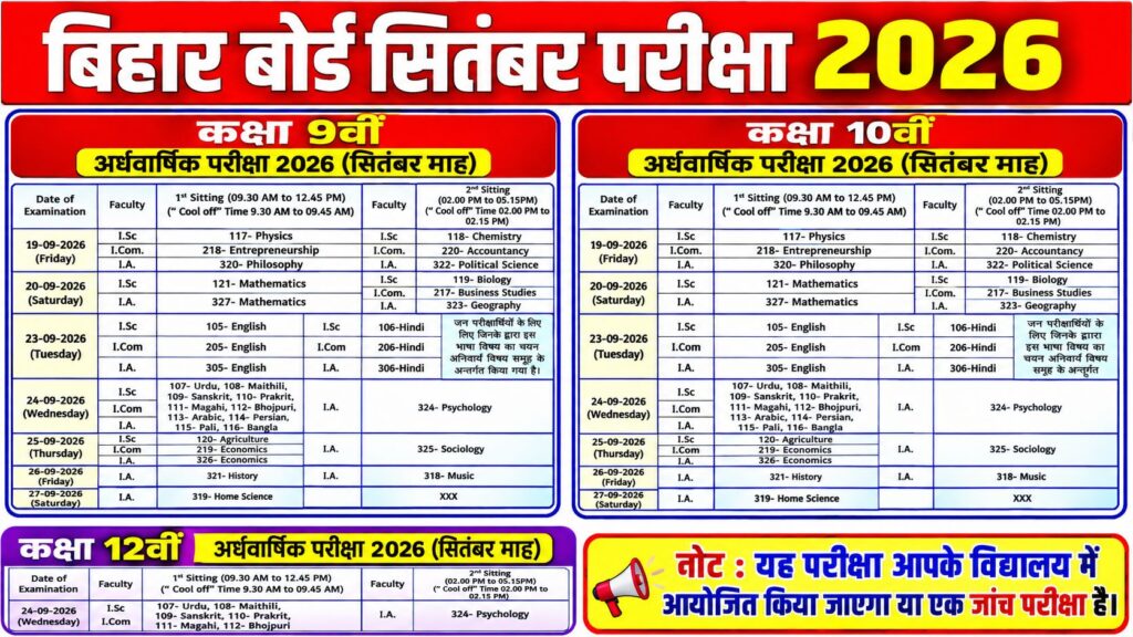 Bihar Board 9th, 10th, 12th Half Yearly Exam 2026: