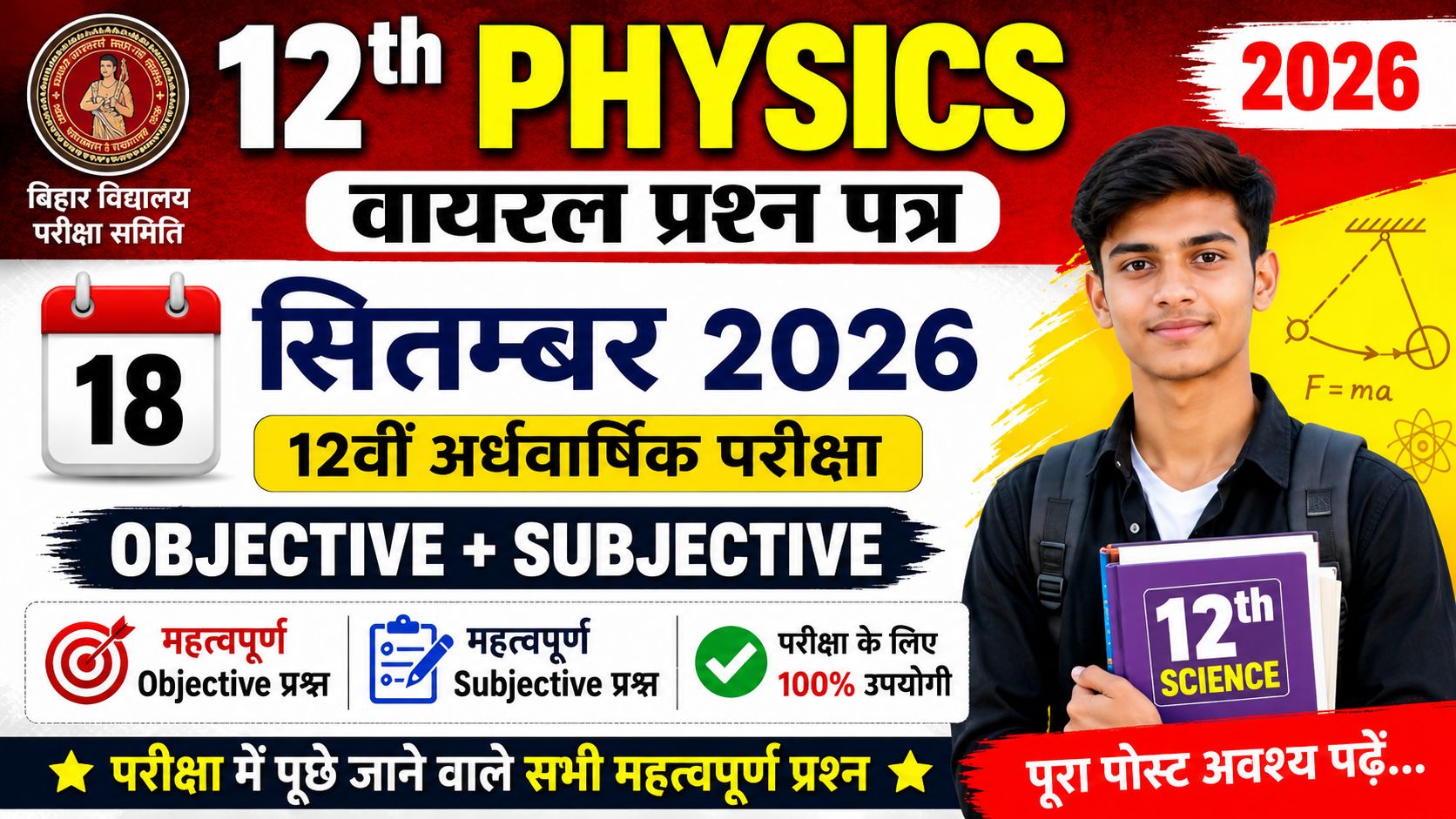12th Physics Viral Question Paper 18 September 2026: